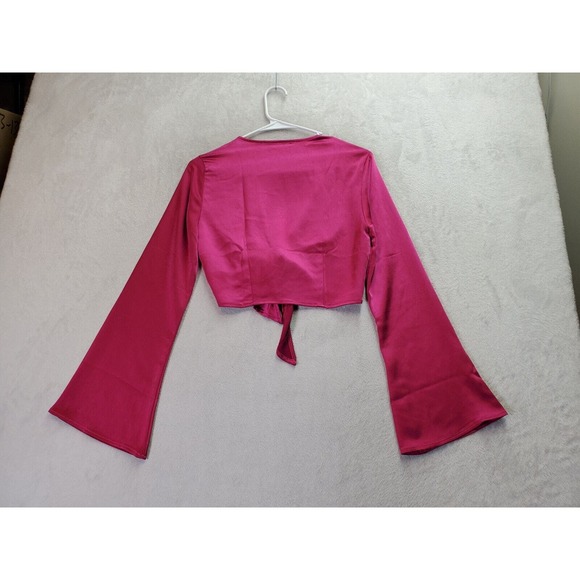 FOREVER 21 Satin Top Womens XS Magenta Polyester‎ Bell Sleeve V Neck Drawstring - Picture 2 of 9